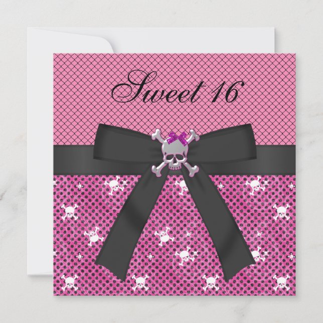 Sweet 16 Cute Skulls & Polka Dots Pink Invites (Front)