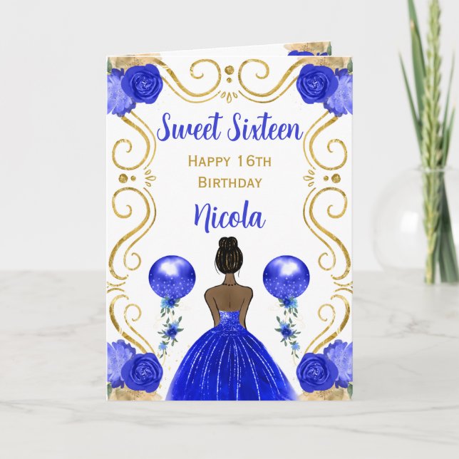 Sweet 16 Dark Skin Princess Blue Happy Birthday Card (Front)