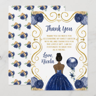 Sweet 16 Dark Skin Princess Navy Thank You Card