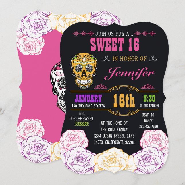 Sweet 16 Day of the Dead Sugar Skull Invitation (Front/Back)