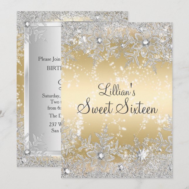 Sweet 16 Diamond Snowflake Gold Winter Wonderland Invitation (Front/Back)