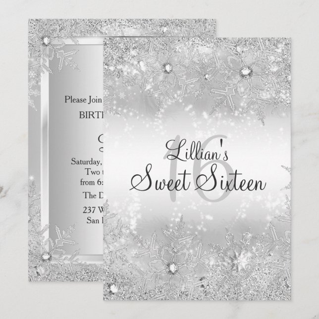 Sweet 16 Diamond Snowflake Winter Wonderland Invitation (Front/Back)