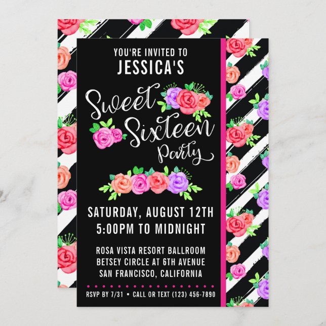 Sweet 16 Edgy Roses & Modern Stripes Invitation (Front/Back)