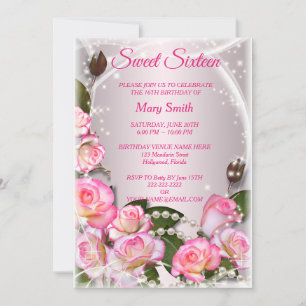 Sweet 16 Elegant Pink Roses Birthday Invitation
