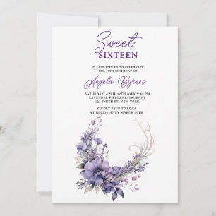 Sweet 16 Elegant Purple Floral Wreath Watercolor Invitation