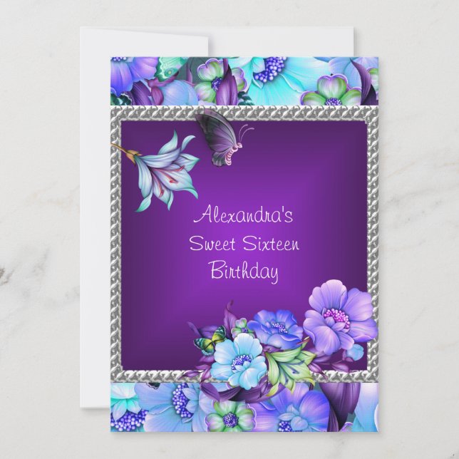 Sweet 16 Elegant Purple Silver Jewel Flowers Invitation (Front)