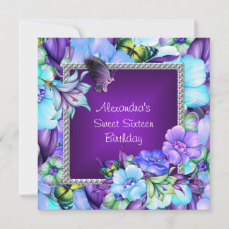 Sweet 16 Elegant Purple Silver Jewel Flowers Invitation