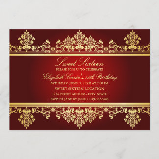 Sweet 16 | Elegant Red & Gold Damask Invitation