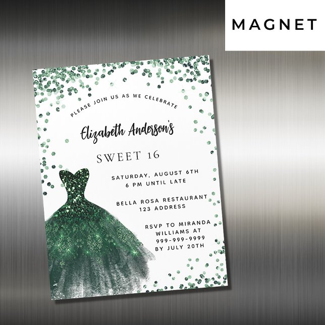 Sweet 16 emerald green dress luxury magnetic invitation (Creator Uploaded)