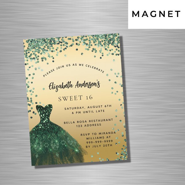 Sweet 16 emerald green dress luxury party magnetic invitation (Creator Uploaded)