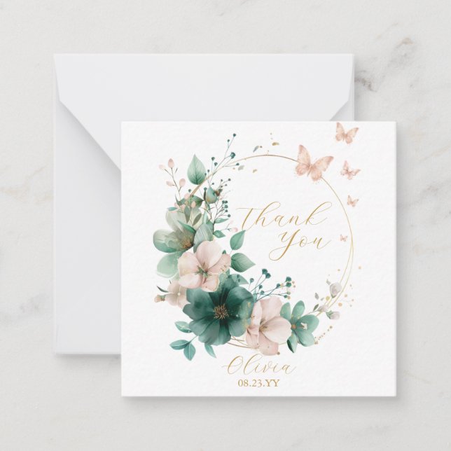 Sweet 16 Emerald Green Floral Thank You Cards (Front)