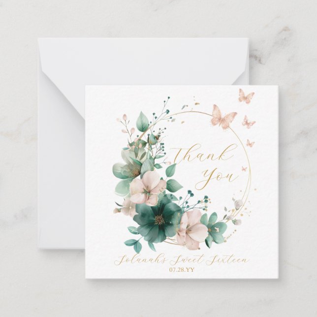 Sweet 16 Emerald Green Floral Thank You Cards (Front)