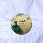 Sweet 16 emerald green gold dress 2 inch round button<br><div class="desc">For an elegant Sweet 16,  16th birthday.  A faux gold looking background. Decorated with an emerald green dress and green confetti. Personalize and add a name and a date.</div>