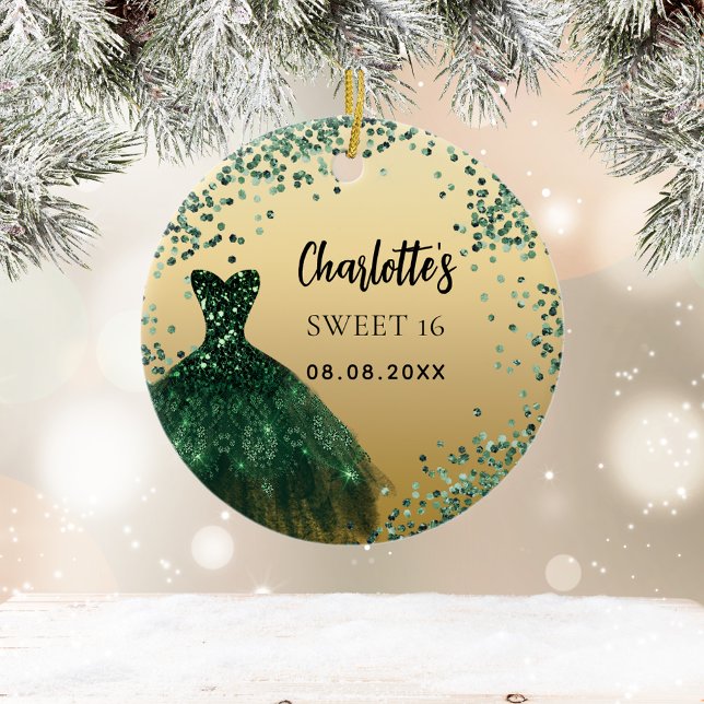 Sweet 16 emerald green gold dress ceramic ornament (Creator Uploaded)