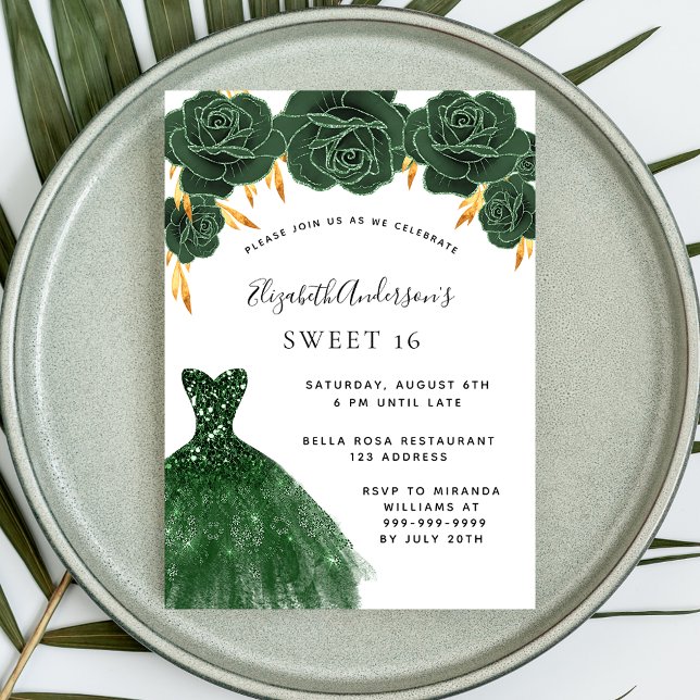 Sweet 16 emerald green gold dress floral  invitation (Creator Uploaded)