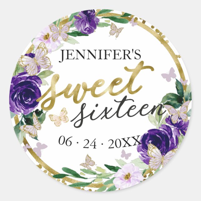 Sweet 16 Emerald Purple Floral Butterfly Classic Round Sticker (Front)