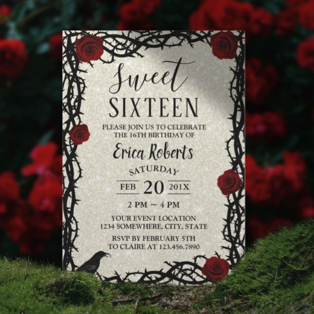 Sweet 16 Fairytale Red Rose & Thorn Modern Glitter Invitation (Creator Uploaded)