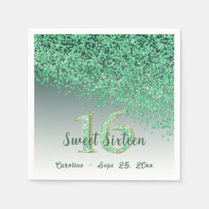 Sweet 16 Falling Green Glitter & Monogram Napkin