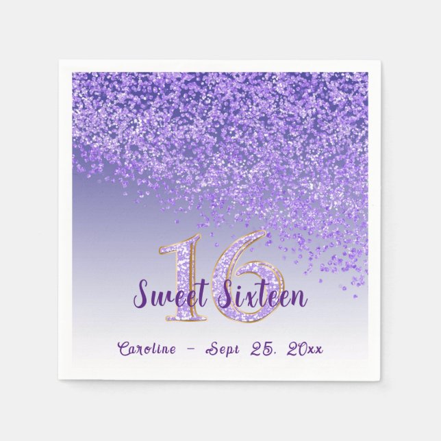 Sweet 16 Falling Purple Glitter & Monogram Napkin (Front)