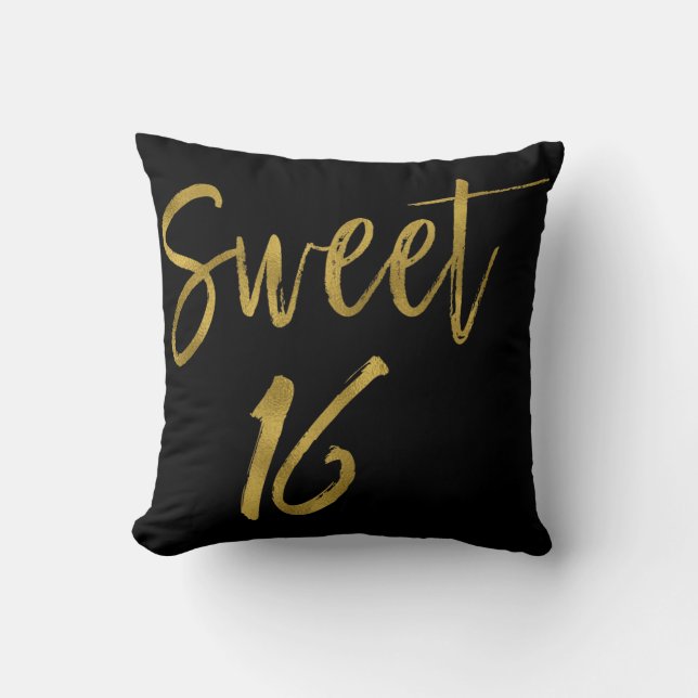 Sweet 16 Faux Gold and Black Foil Pillow (Front)