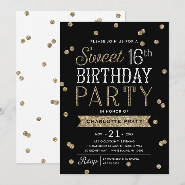Sweet 16 Faux Gold Glitter Confetti Party Invitation (Front/Back)