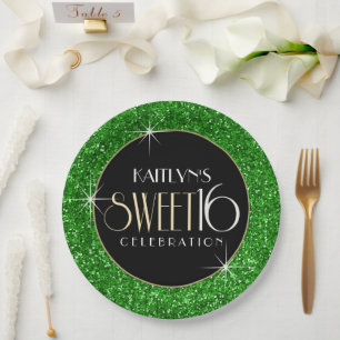 Sweet 16 Faux Green Glitter Paper Plate