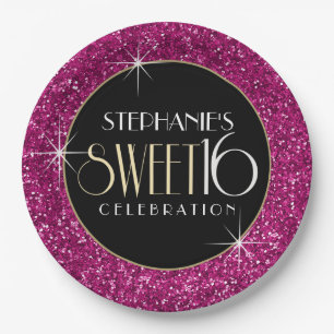 Sweet 16 Faux Pink Glitter Paper Plate