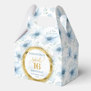 Sweet 16 Favor Box Watercolor Blue Flowers Gold 