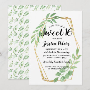 Sweet 16 Feuilles de fête Gold Frame Invitation d'