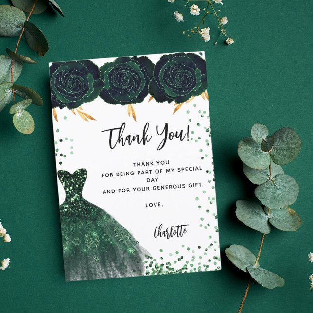 Sweet 16 fleurs de robe verte carte de remerciemen (Créateur téléchargé)