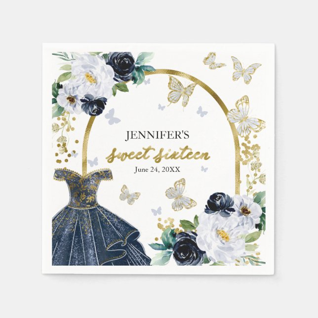 Sweet 16 Floral Navy Blue Dress Butterfly Napkin (Front)
