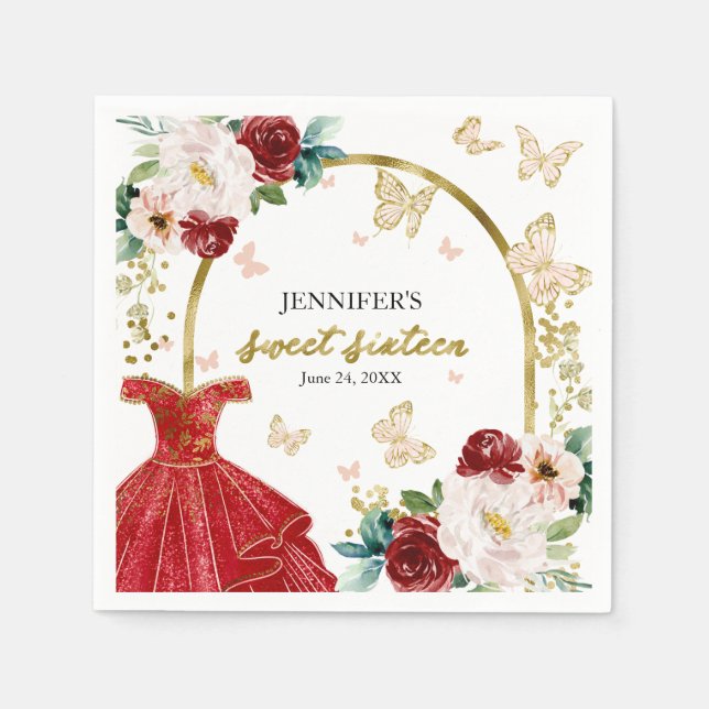 Sweet 16 Floral Red Dress Butterfly Napkin (Front)