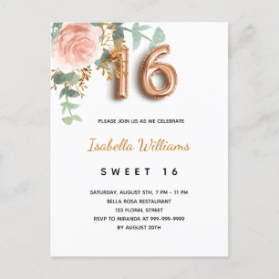 Sweet 16 floral rose gold eucalyptus greenery invitation postcard