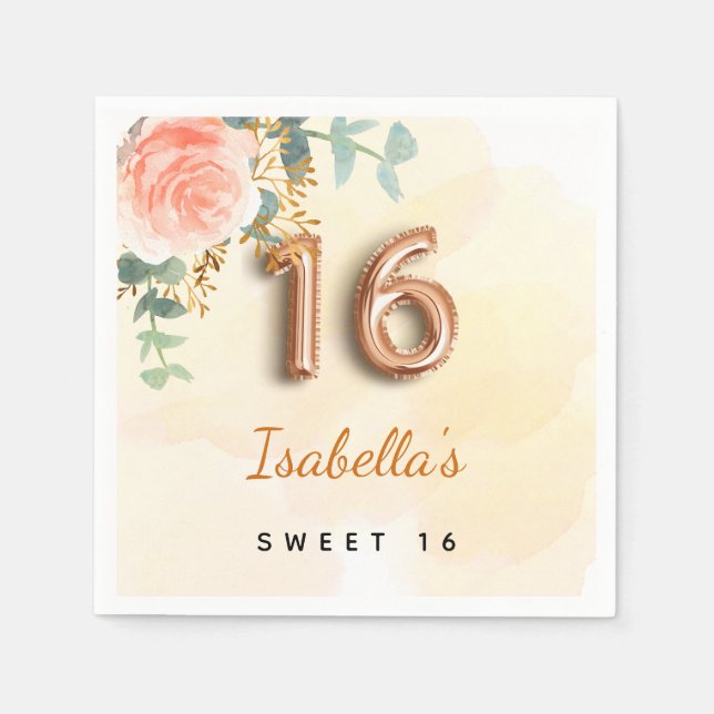 Sweet 16 floral rose gold eucalyptus monogram napkin (Front)