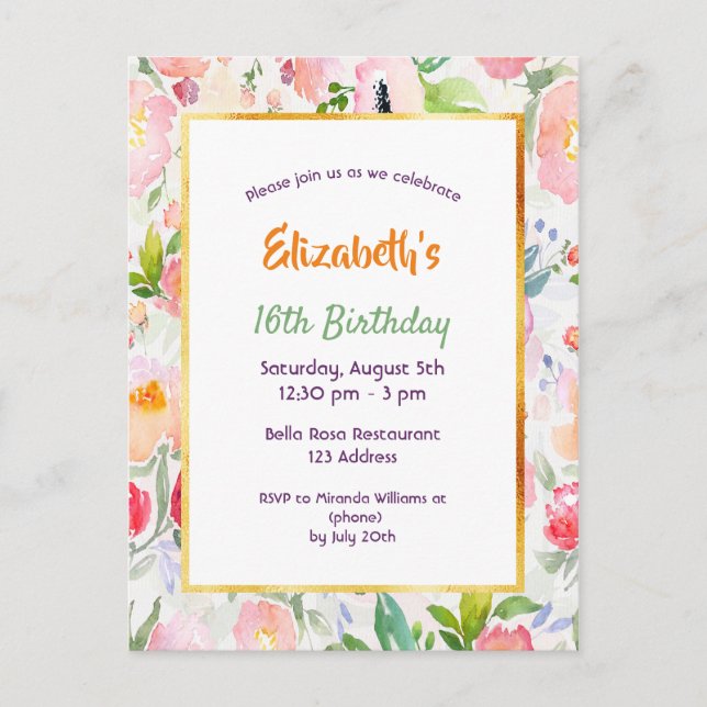 Sweet 16 floraux rose aquarelle invitation (Devant)