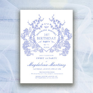 Sweet 16 French Vintage Blue Floral Crest Invitation