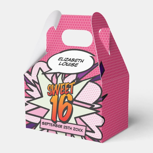Sweet 16 Fun Girly Pink Modern Comic Book Birthday Favor Box (Front Side)