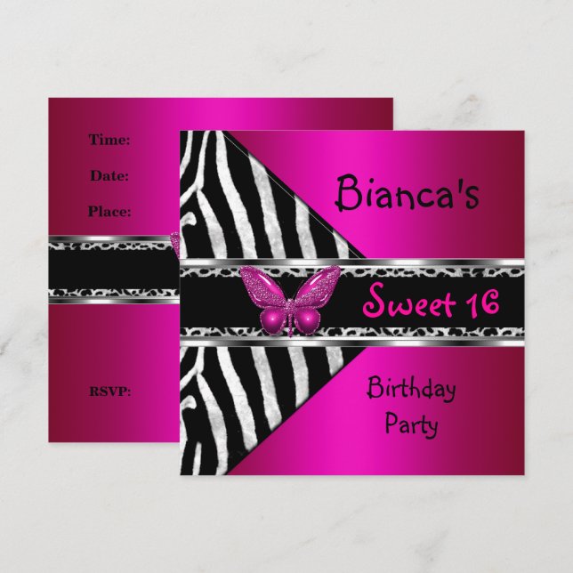 Sweet 16 Fushia Pink Silver Black Zebra Leopard Invitation (Front/Back)