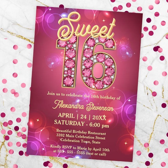 Sweet 16 Gemstone Sparkle Pink and Purple Bokeh Invitation (Creator Uploaded)