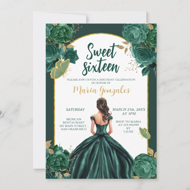 Sweet 16 Girl Floral Birthday Party Emerald Green  Invitation (Front)