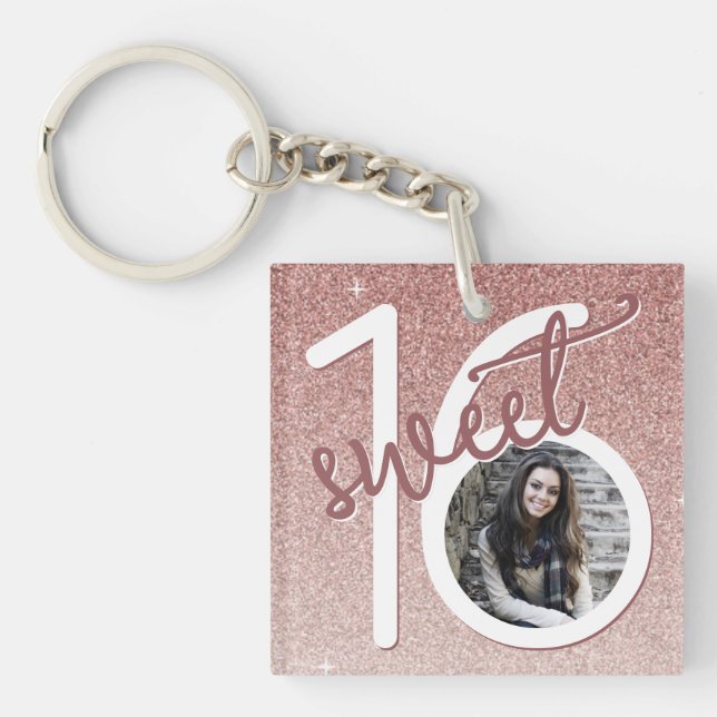 Sweet 16 Girly Rose Gold Glitter Photo Keychain (Front)