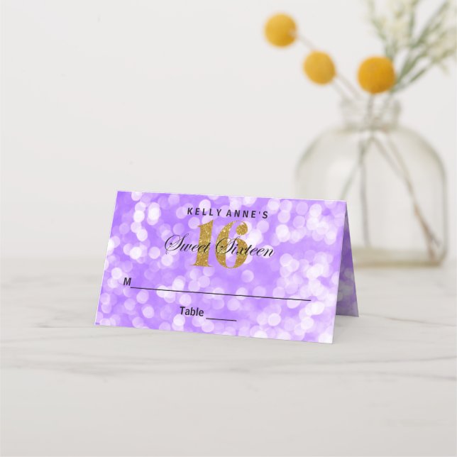 Sweet 16 Glitter Bokeh Lights Custom Place Card (Front)