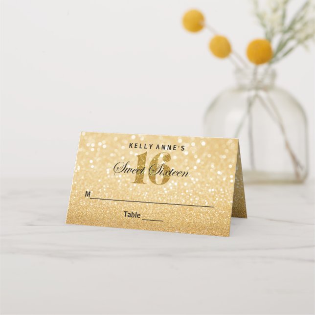 Sweet 16 Glitter Bokeh Lights Custom Place Card (Front)