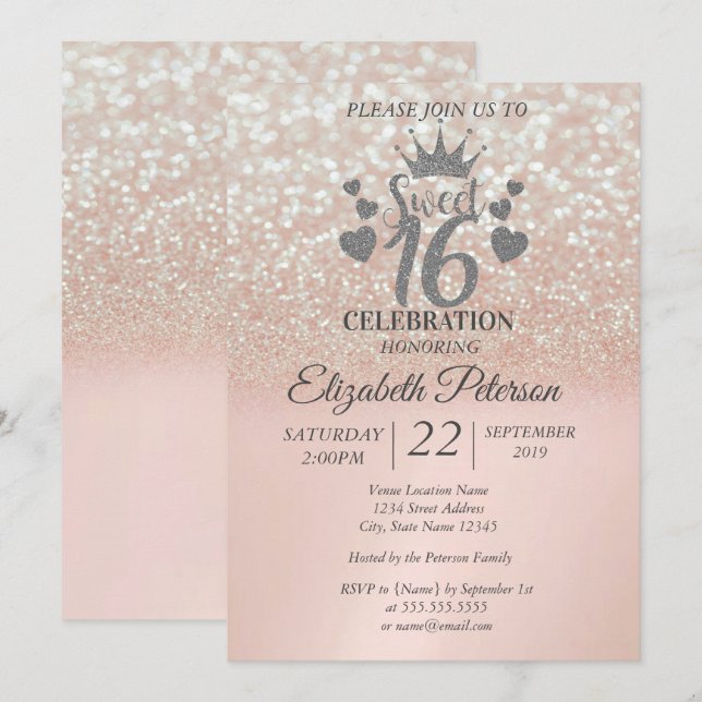 Sweet 16 Glitter Bokeh Ombre,Glitter Tiara Invitation (Front/Back)