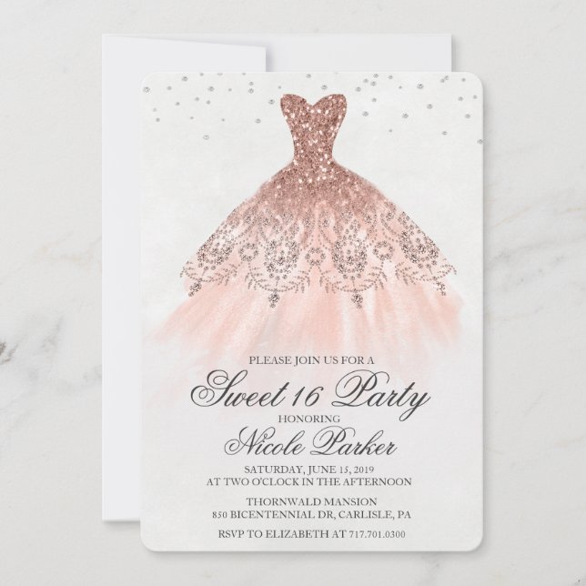 Sweet 16 Glitter Dress Diamond Invitation (Front)