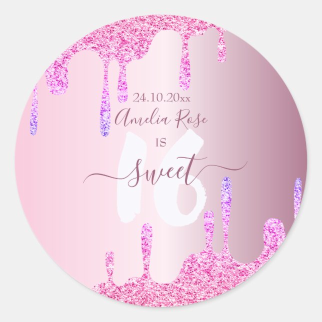 Sweet 16 Glitter Drips Pink Metallic Birthday  Pap Classic Round Sticker (Front)