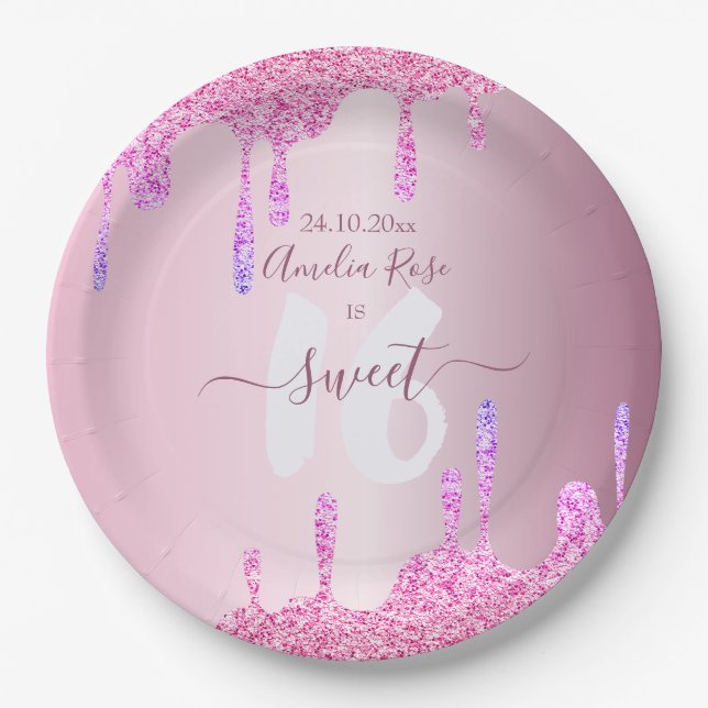 Sweet 16 Glitter Drips Pink Metallic Birthday  Paper Plate (Front)