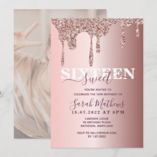 Sweet 16 Glitter Drips Rose Gold Birthday Invita Invitation