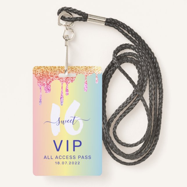 Sweet 16 Glitter Pastel Shades Birthday Invitation Badge (Front with Lanyard)