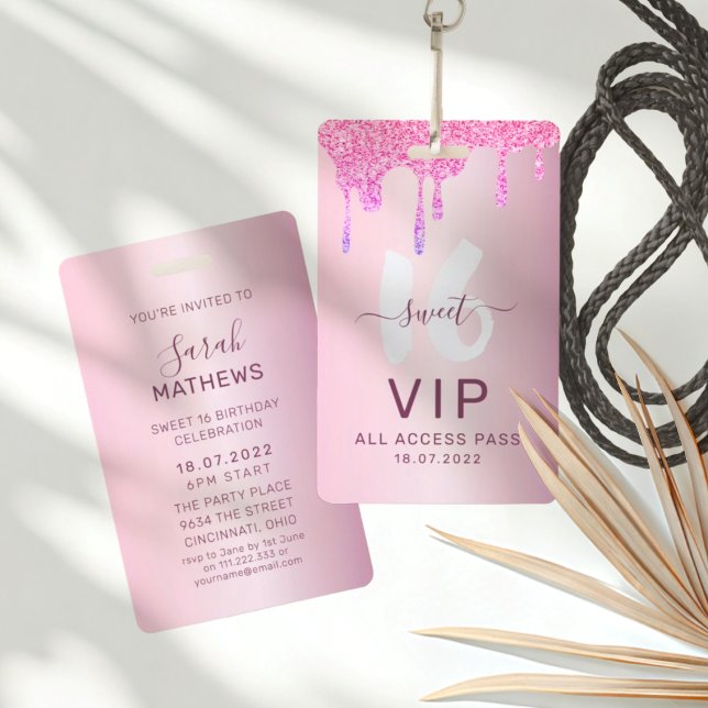 Sweet 16 Glitter Pink VIP Birthday Invitation Badge (Creator Uploaded)